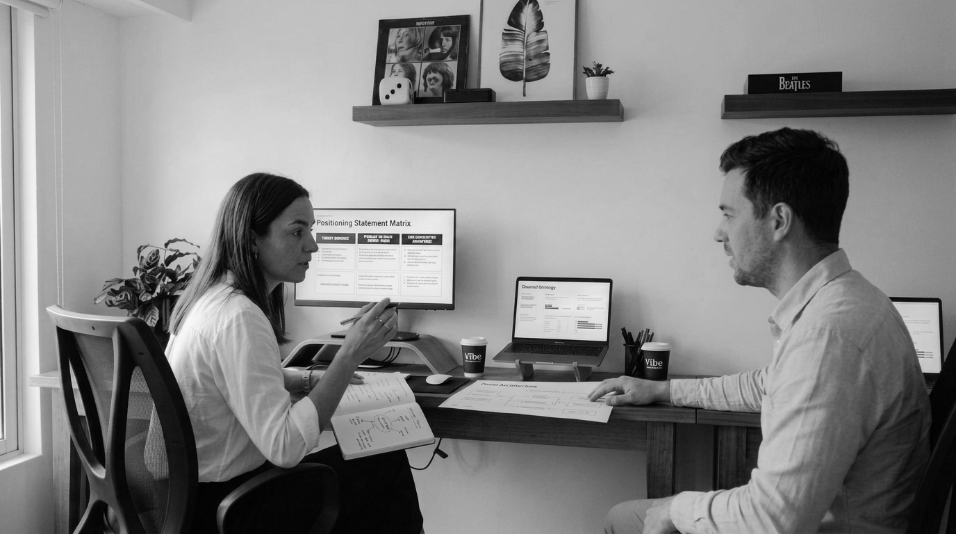 B2B go-to-market strategy workshop showing positioning statement matrix and channel strategy