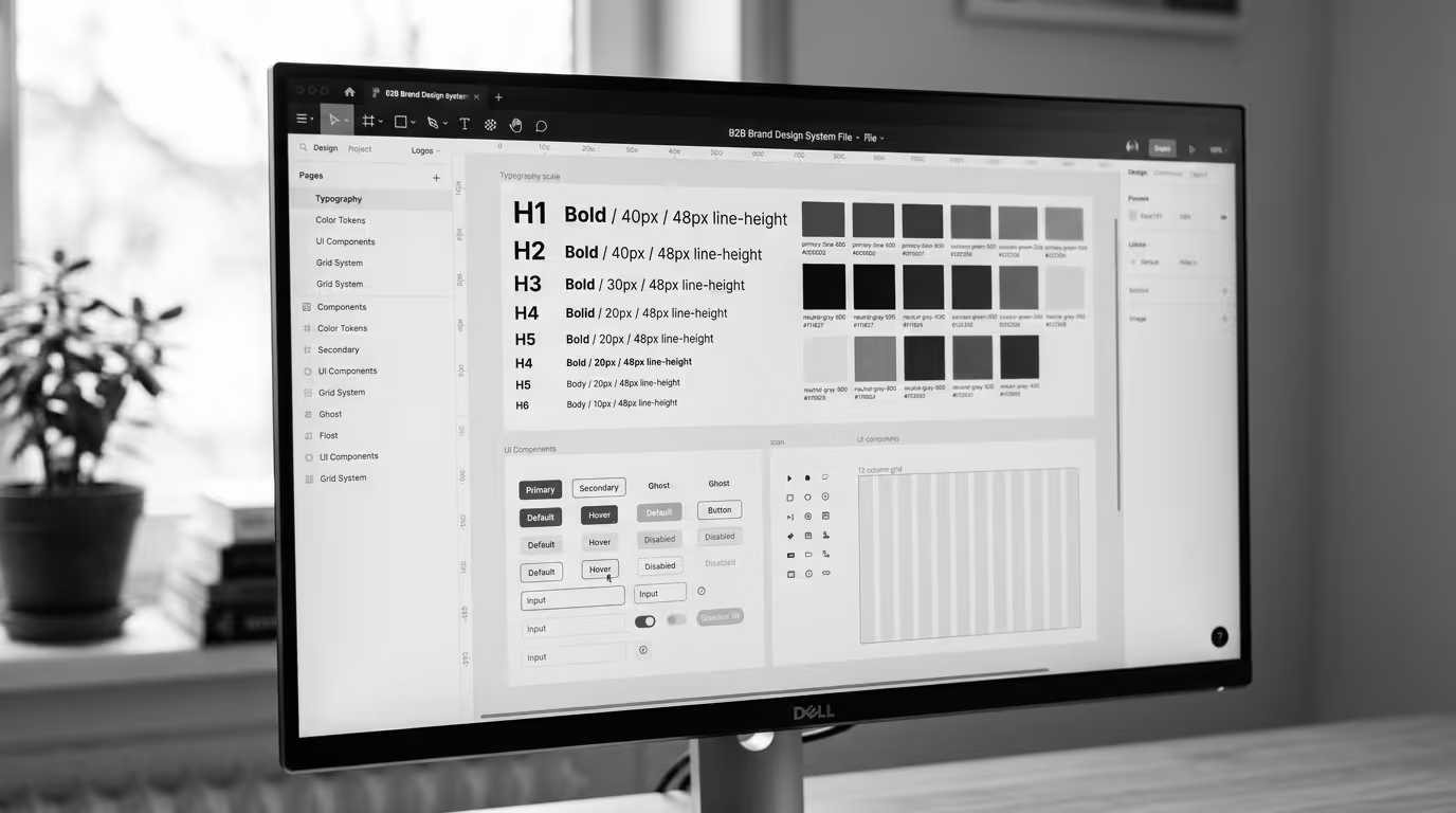 B2B brand system visual identity layer — typography scale and color tokens in Figma.