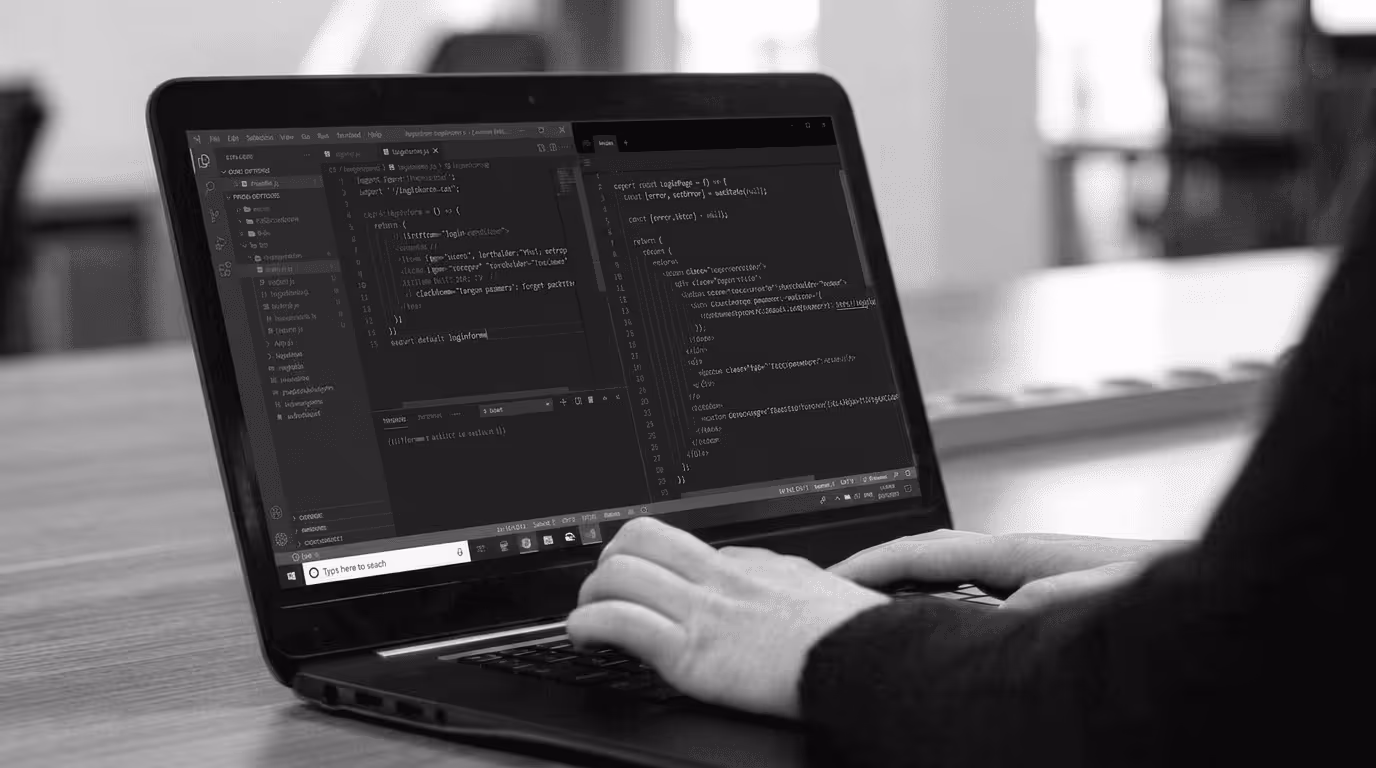 SaaS product development engineer writing scalable B2B application code in VS Code .