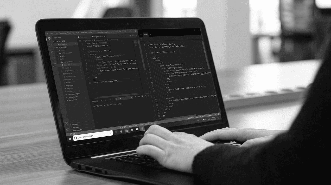 SaaS product development engineer writing scalable B2B application code in VS Code .