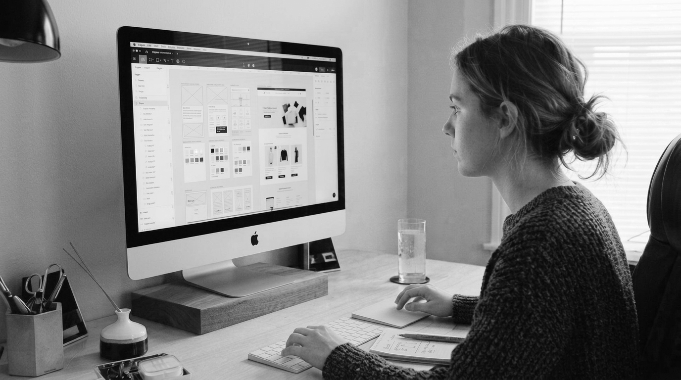 SaaS website designer reviewing B2B wireframes and layout structure in Figma