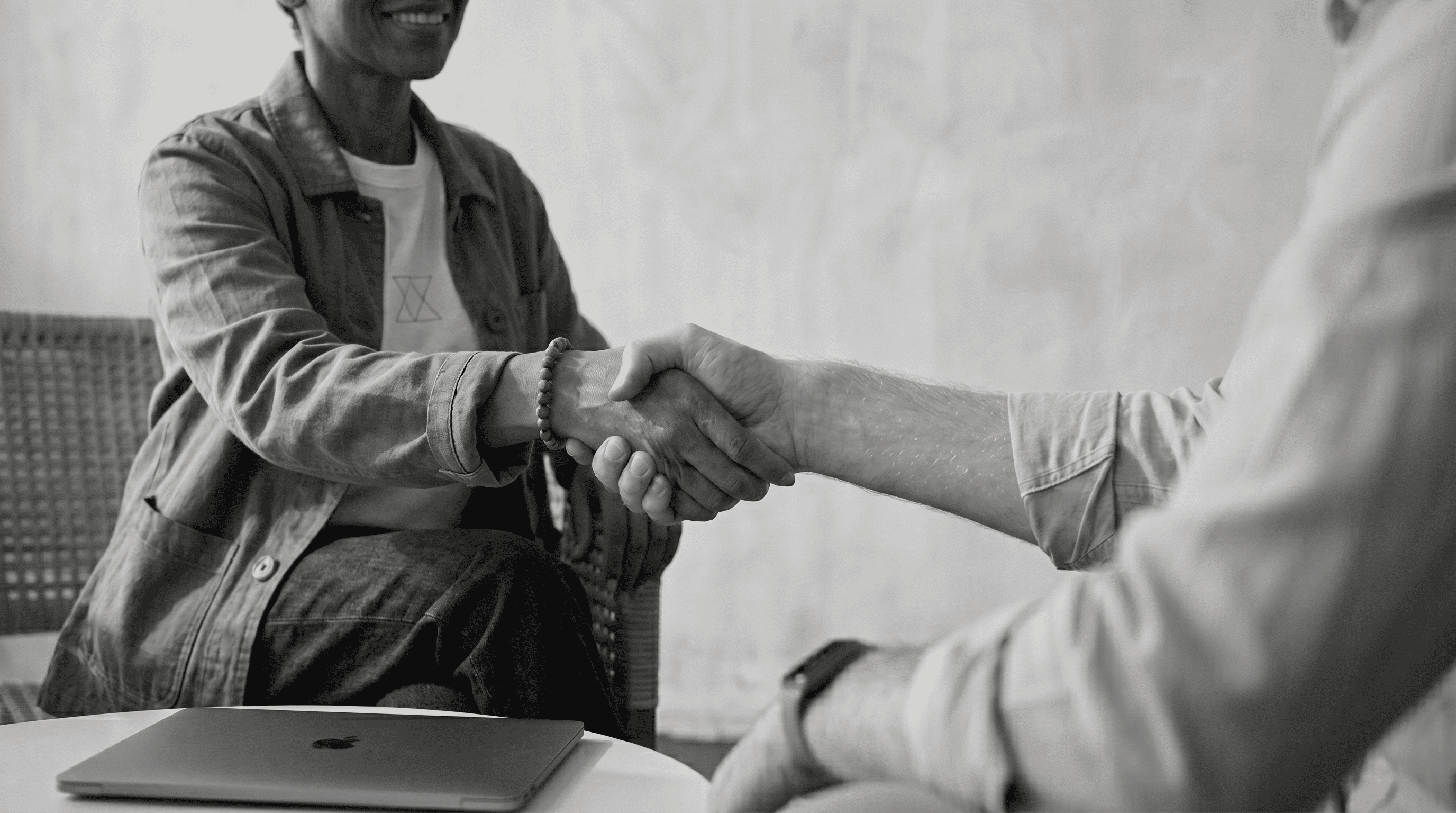 Two professionals closing a B2B agency partnership deal with a handshake 