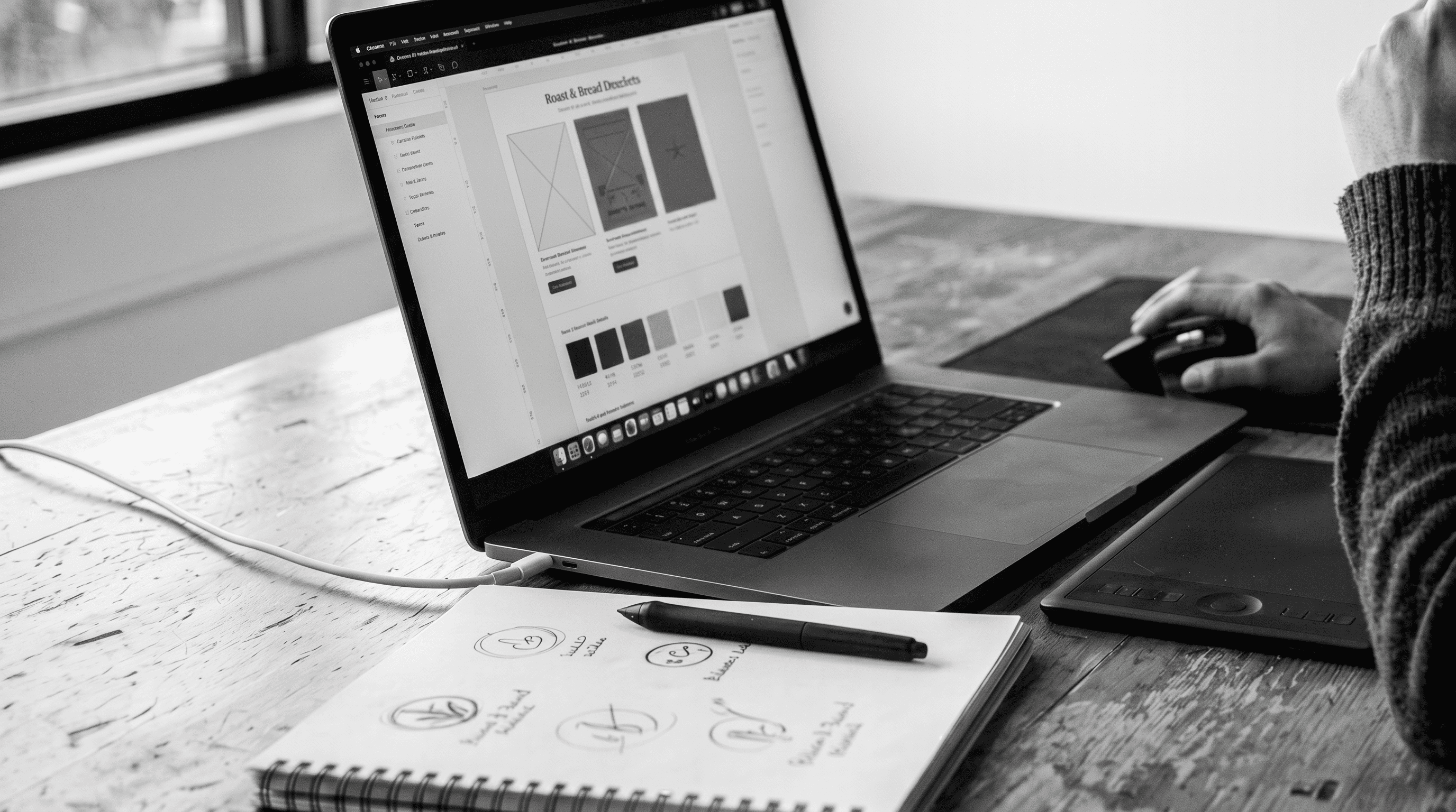 B2B web designer reviewing website wireframes to plan a site redesign