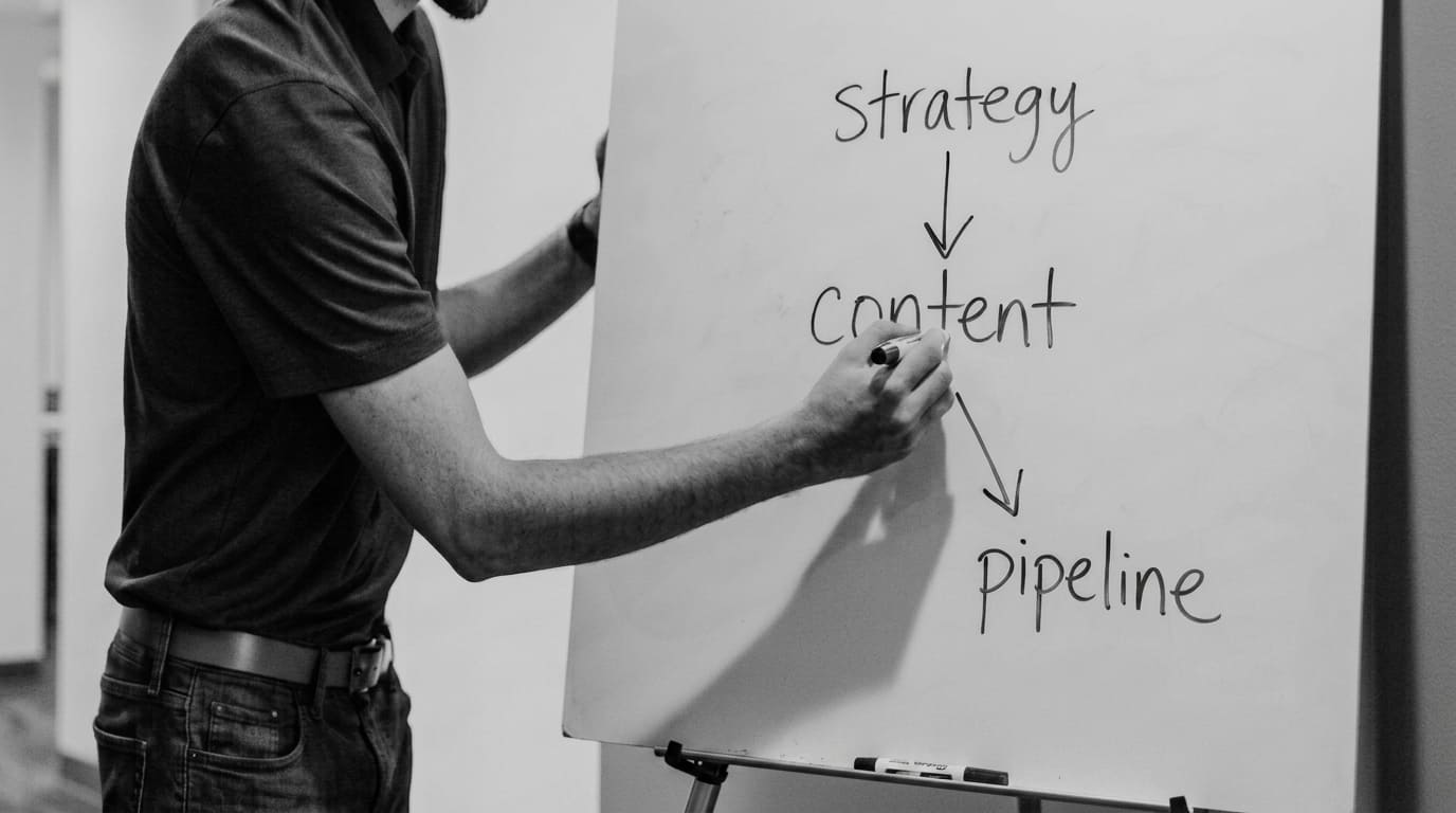 B2B marketer mapping content strategy to pipeline on a whiteboard