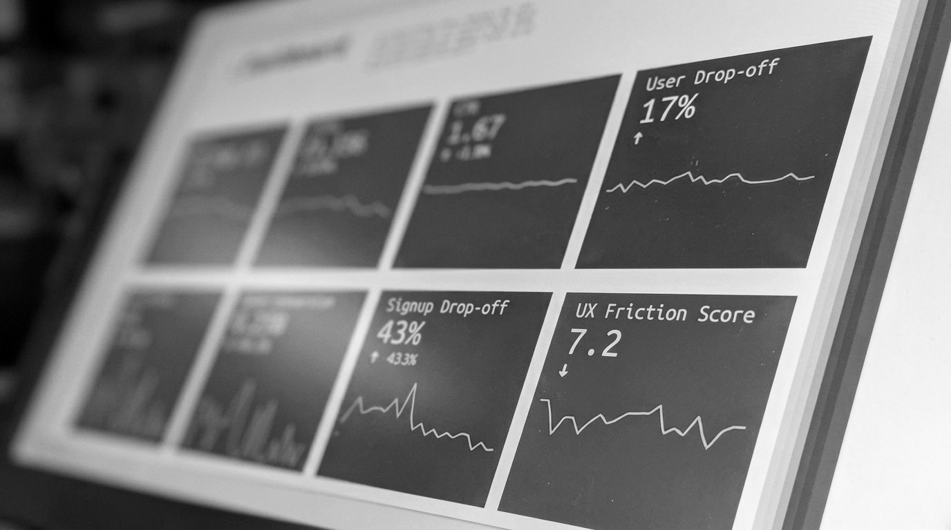 UX audit dashboard showing user drop-off and friction metrics costing B2B conversions
