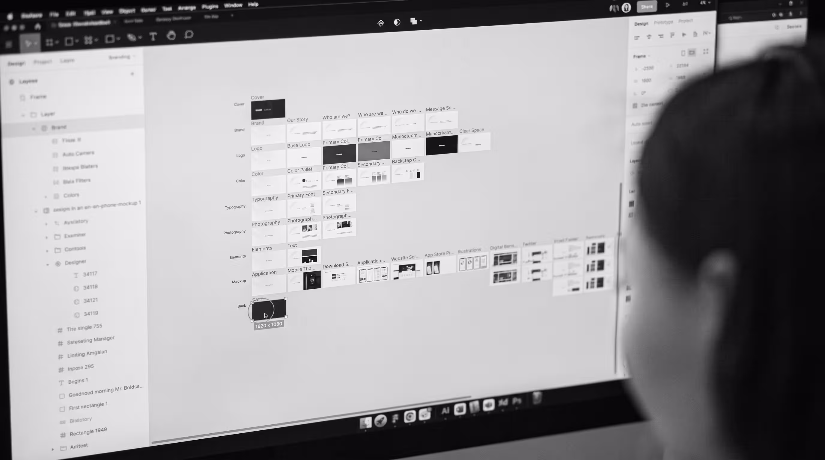 Close-up of a design tool interface displaying a full brand guidelines document with layers panel visible