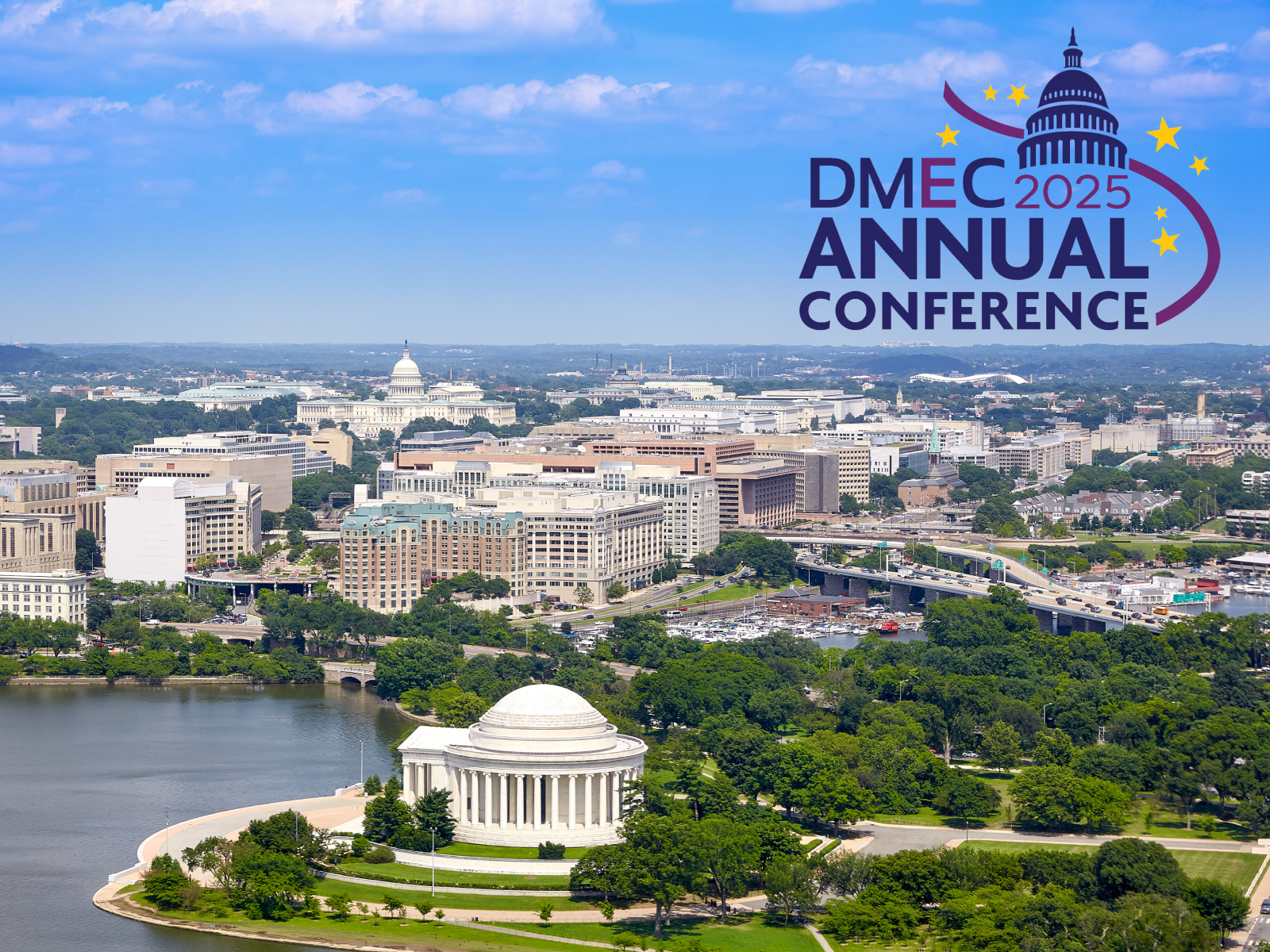 A view of Washington DC from above, with the DMEC logo overlaid
