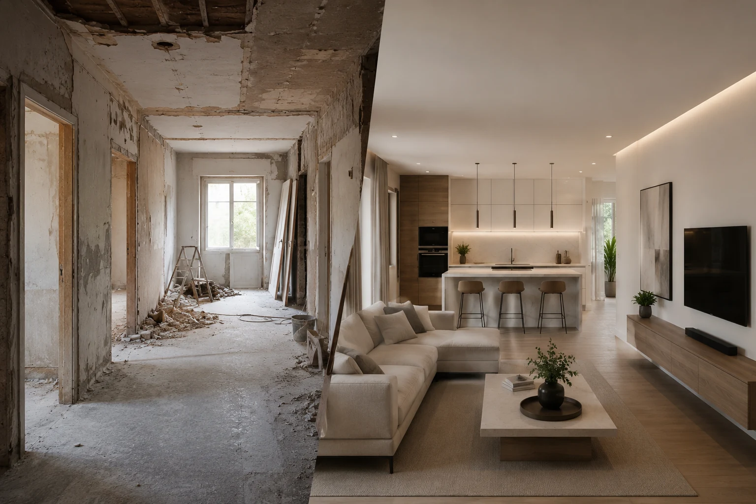 Imagem dividida: reforma de um cômodo vazio e sala de estar moderna renovada.