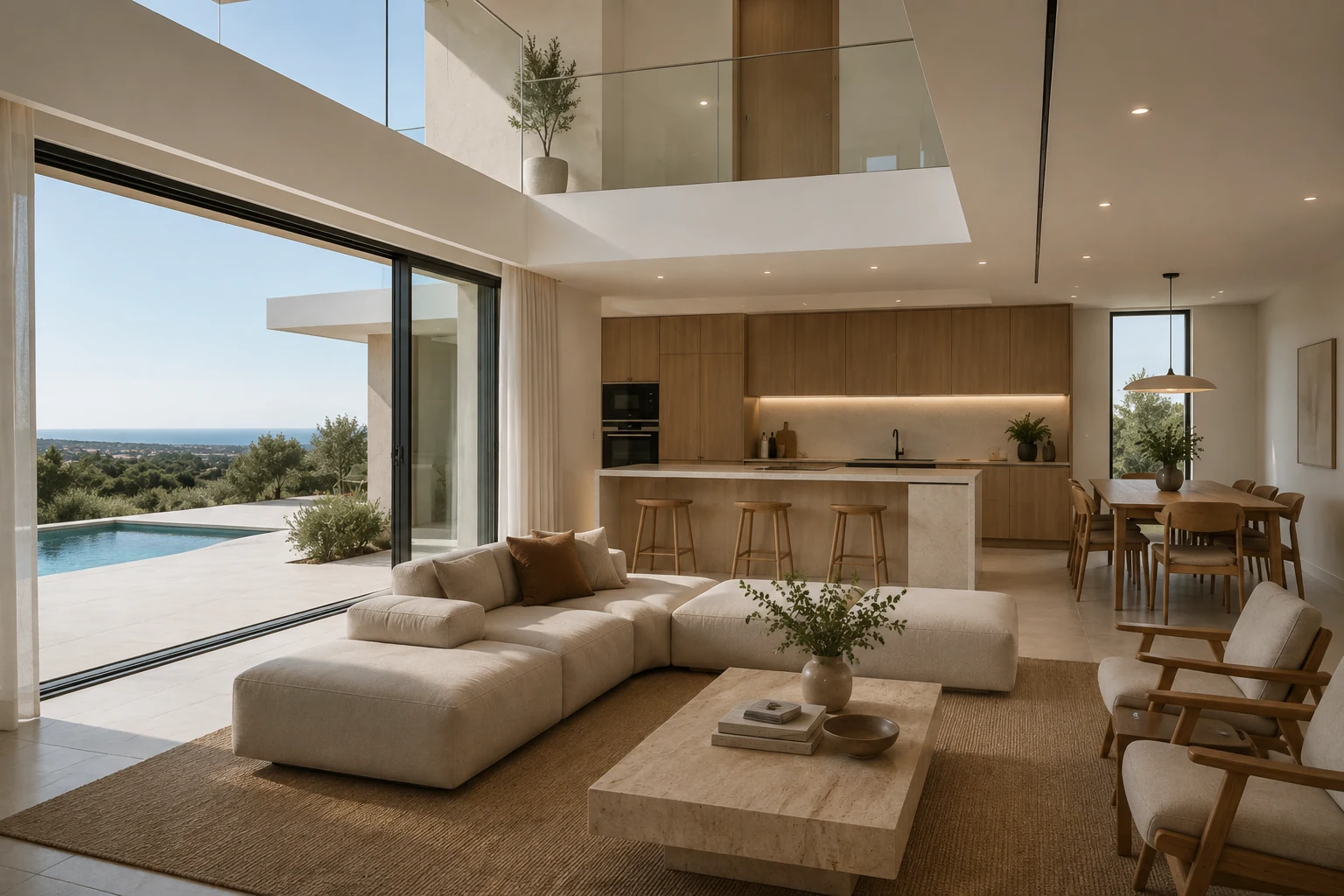 Sala de estar e cozinha modernas com sofá claro, mesa de centro, cadeiras e vista para piscina.