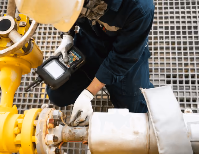 Technician wearing gloves and a yellow hard hat performing ultrasonic testing on a metal pipe using a handheld device.