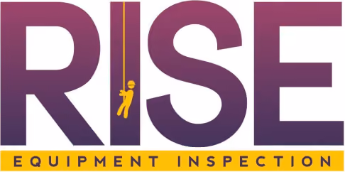 Logo with the word RISE in large purple letters, featuring a climber hanging from the letter I, above a yellow bar with the text 'EQUIPMENT INSPECTION'.