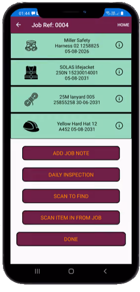 RISE Safety dashboard showing equipment tracking list