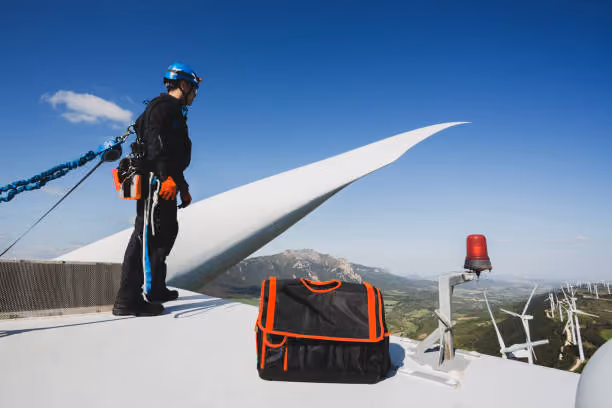 Technician using fall arrest PPE while working on a wind turbine during maintenance