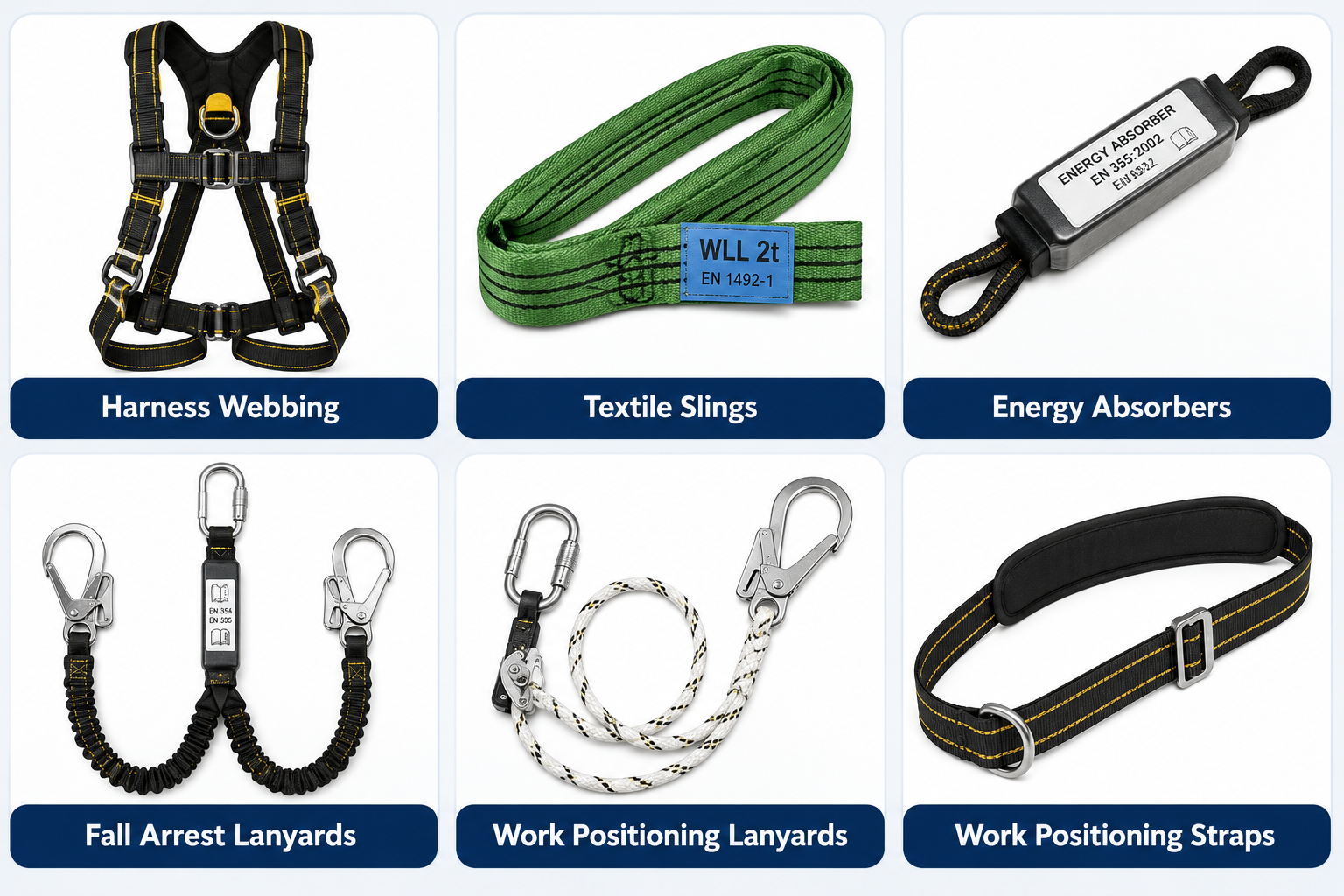 Examples of work at height equipment with webbing, straps and stitching, including harness webbing, lanyards, energy absorbers, textile slings and straps.