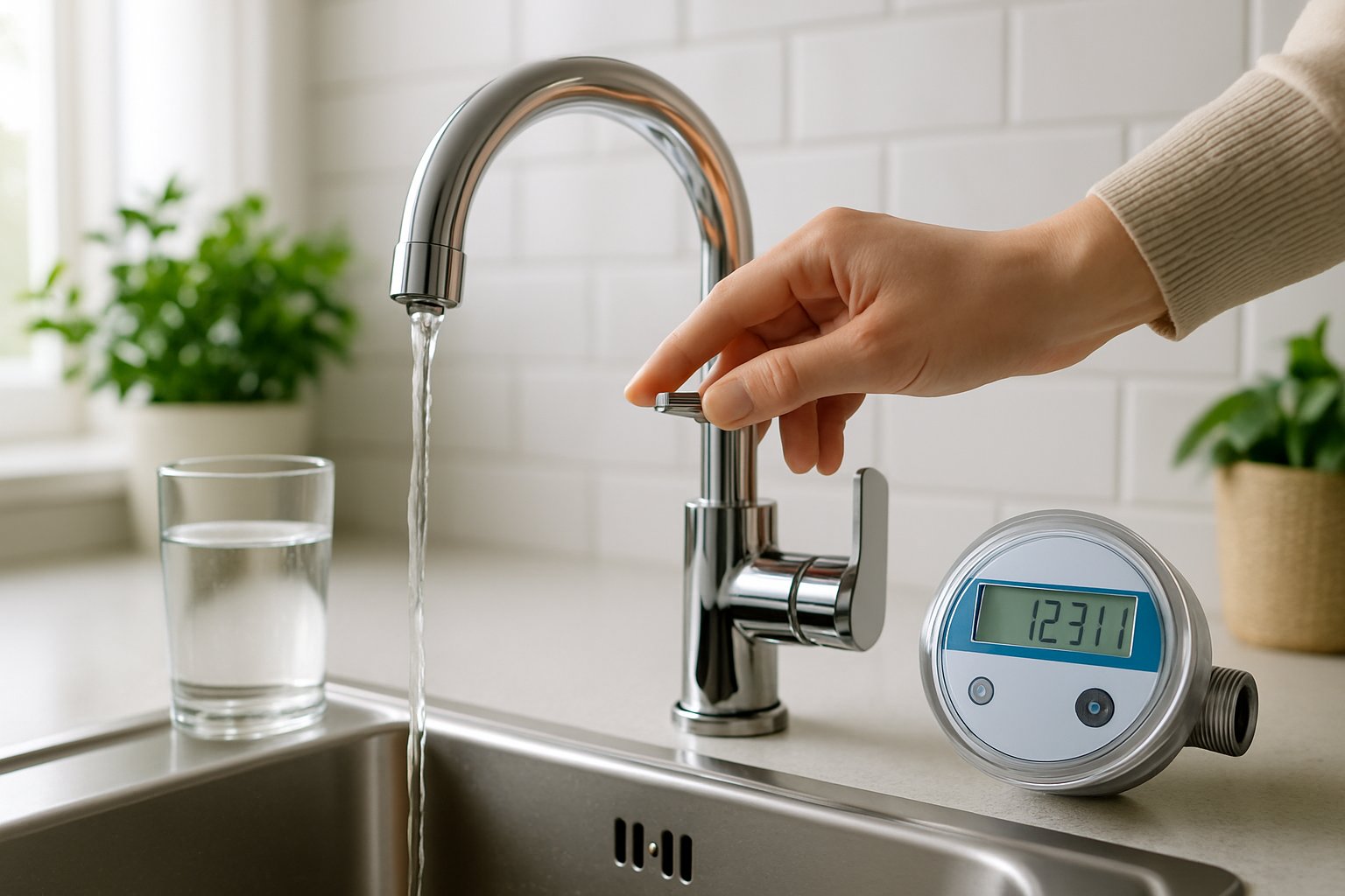 Pessoa fechando a torneira em uma cozinha moderna, com um medidor de água visível ao fundo e plantas ao redor.