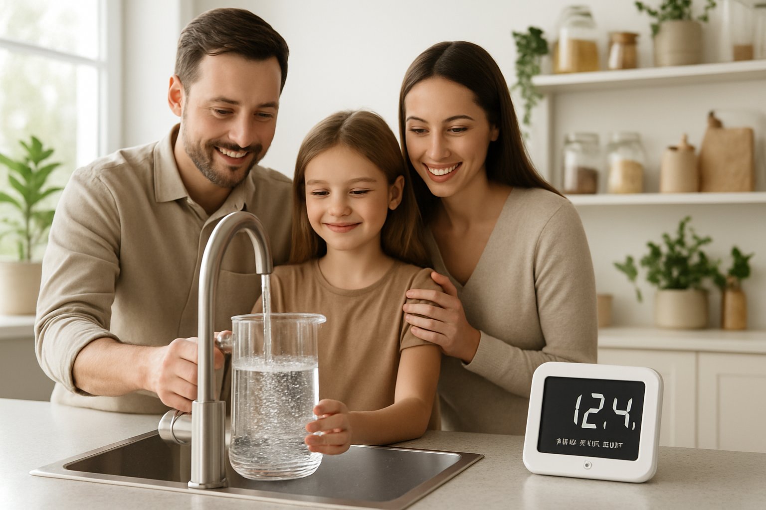 Família em uma cozinha moderna medindo o consumo de água com um monitor digital e enchendo um copo de água na pia.