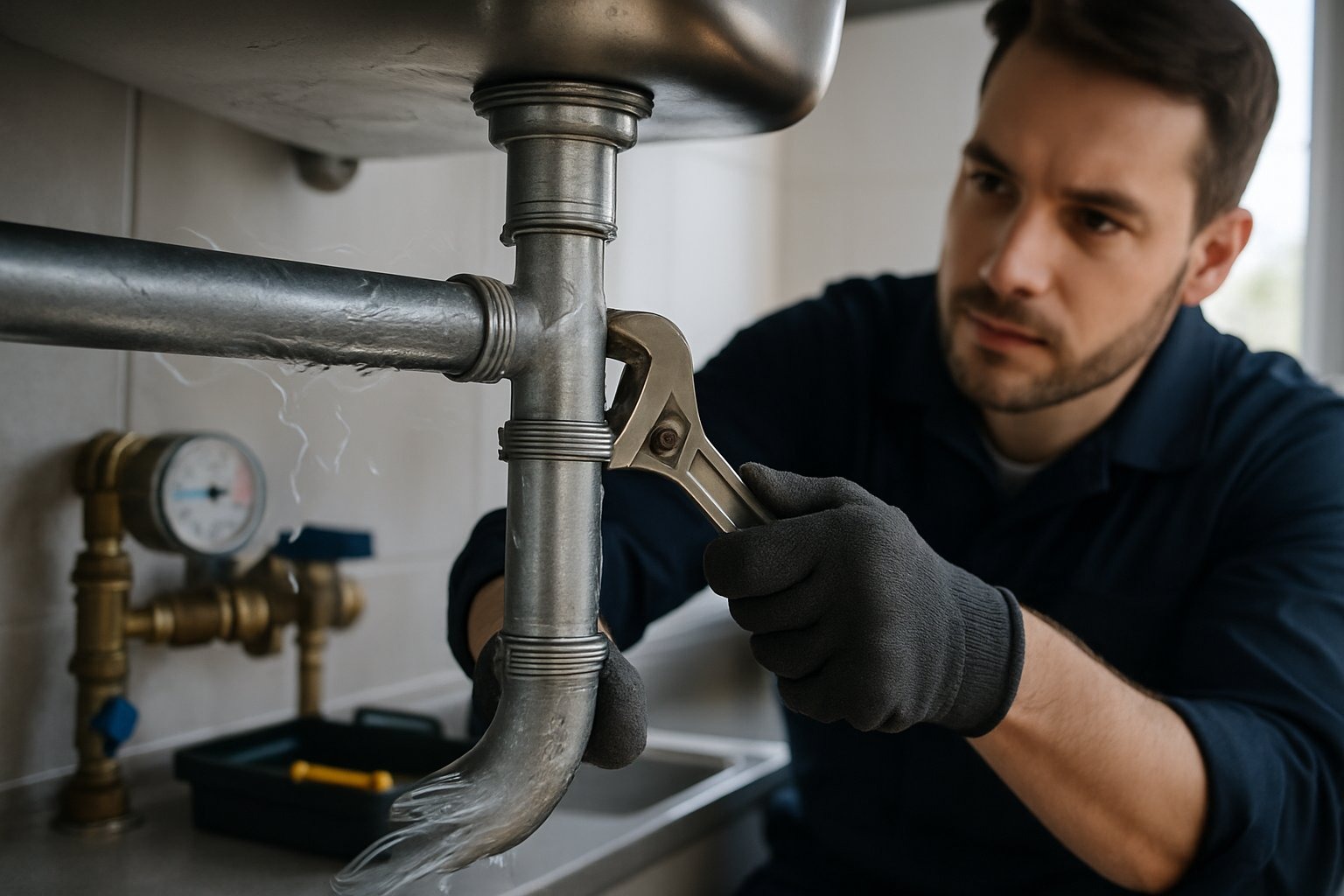 Um encanador ajustando canos de água sob uma pia em uma cozinha moderna, com foco nas tubulações metálicas e nas mãos do profissional.