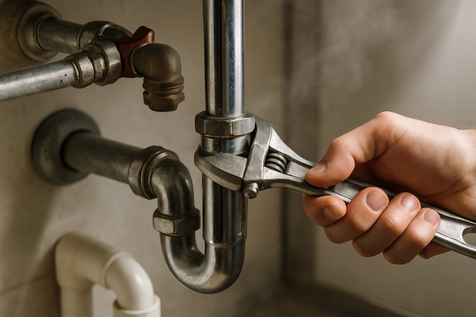 Mãos de um encanador ajustando canos de água com uma chave inglesa, mostrando tubulações metálicas e de PVC em uma parede.
