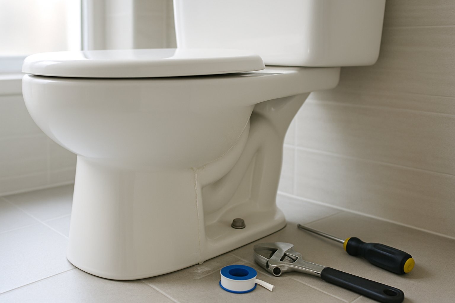 Vaso sanitário com vazamento na caixa acoplada e ferramentas de encanamento ao lado para conserto.