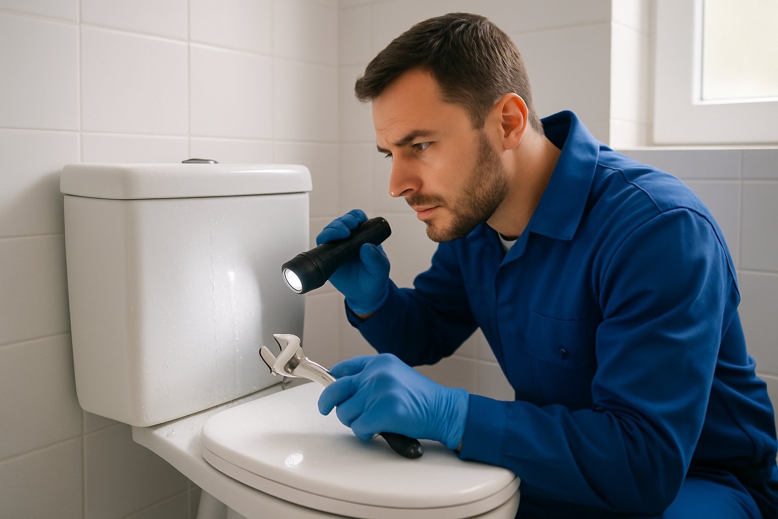 Encanador inspecionando uma caixa acoplada de vaso sanitário em um banheiro limpo e iluminado.