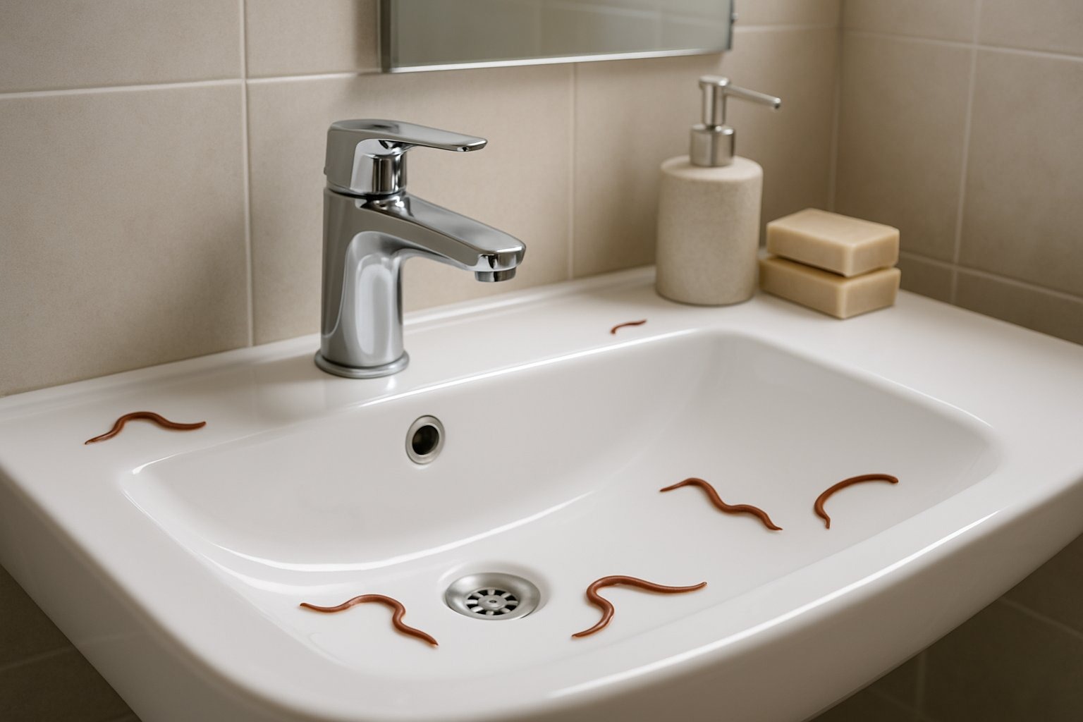 Pia de banheiro moderno com minhocas próximas ao ralo, mostrando a presença de minhocas no ambiente do banheiro.