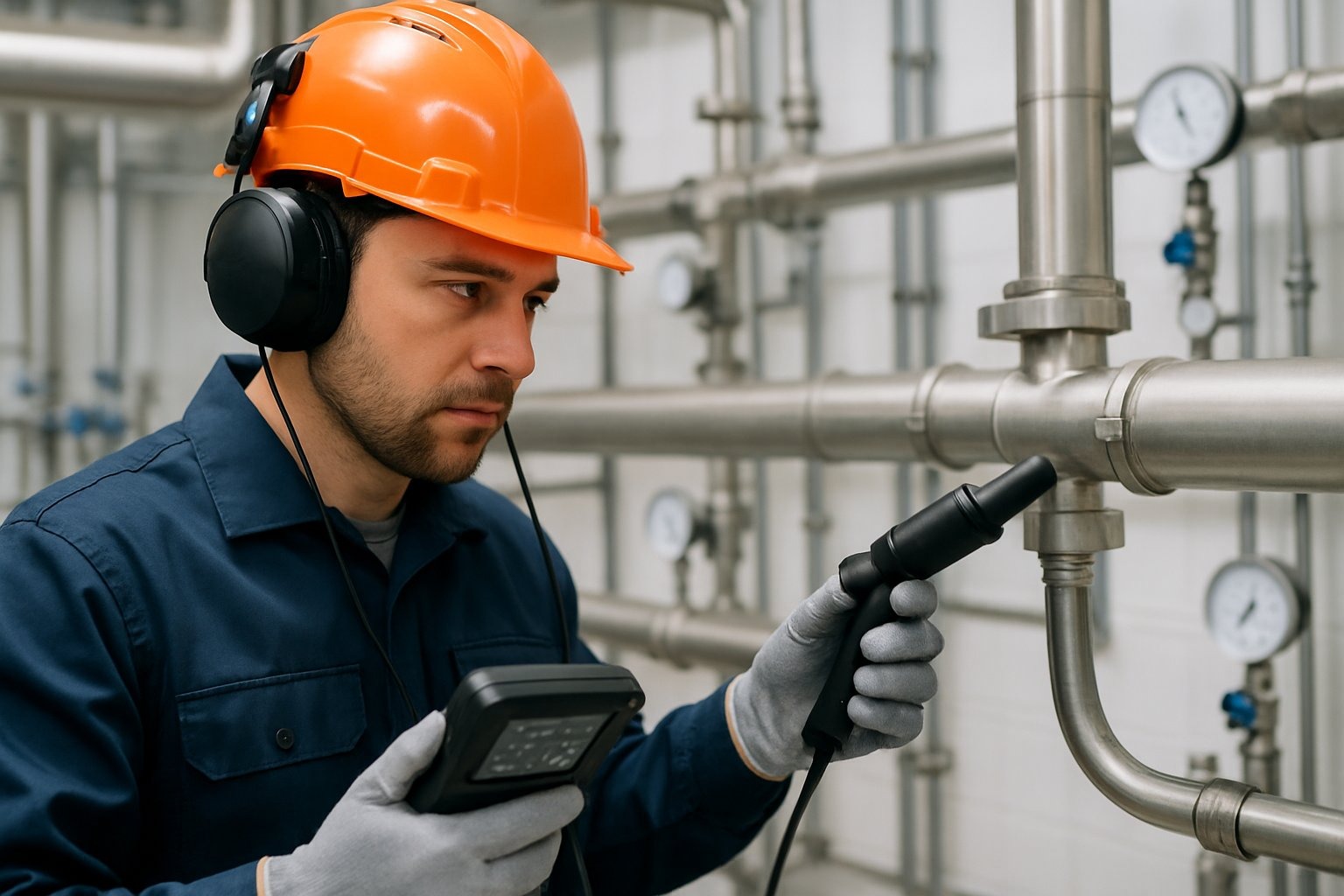 Especialista em detecção de vazamentos usando equipamento eletrônico para inspecionar tubulações industriais.
