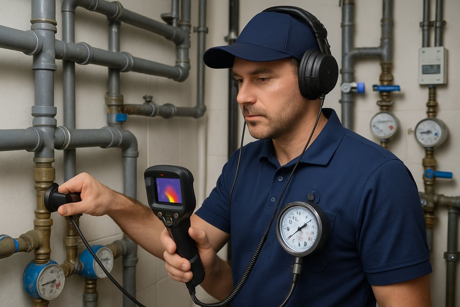 Um especialista em detecção de vazamentos inspecionando tubulações com equipamentos técnicos em um ambiente interno.