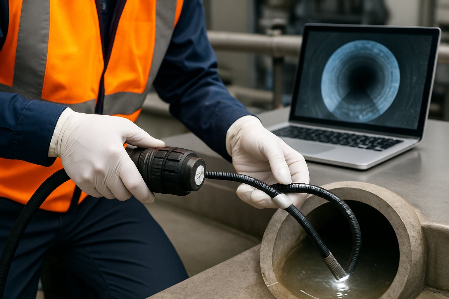 Técnico usando câmera de inspeção em esgoto, mostrando o equipamento entrando em um tubo de esgoto limpo.