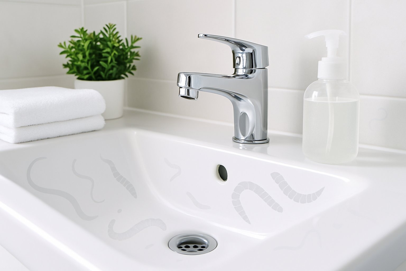 Área de pia de banheiro limpa e organizada com torneira cromada, toalha branca dobrada, planta pequena e sabonete líquido, mostrando ilustrações sutis de vermes perto do ralo.
