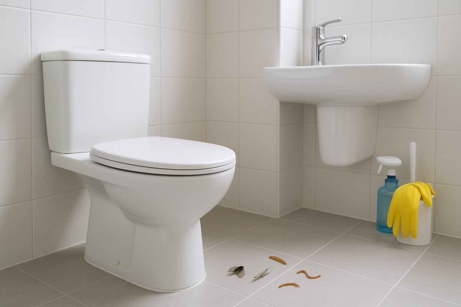 Banheiro limpo e moderno com vaso sanitário, pia e chão com pequenos vermes comuns de banheiro, além de produtos de limpeza ao fundo.