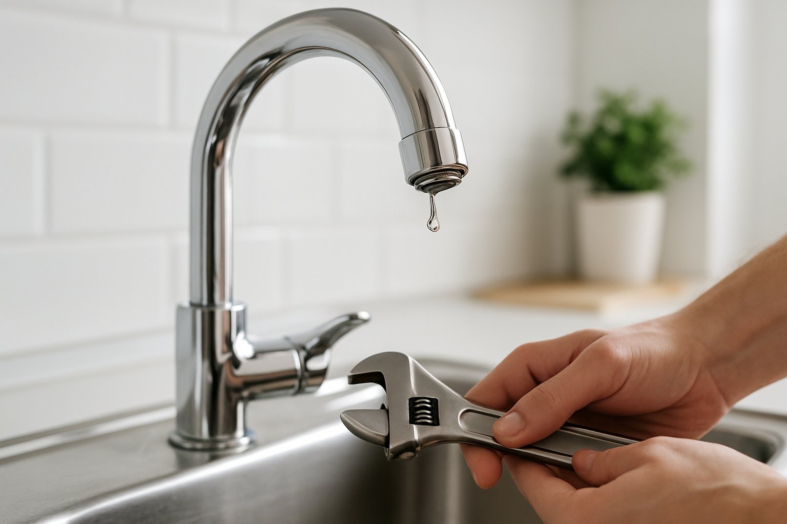 Mãos segurando uma chave inglesa ajustando uma torneira de cozinha com uma gota de água pingando do bico.