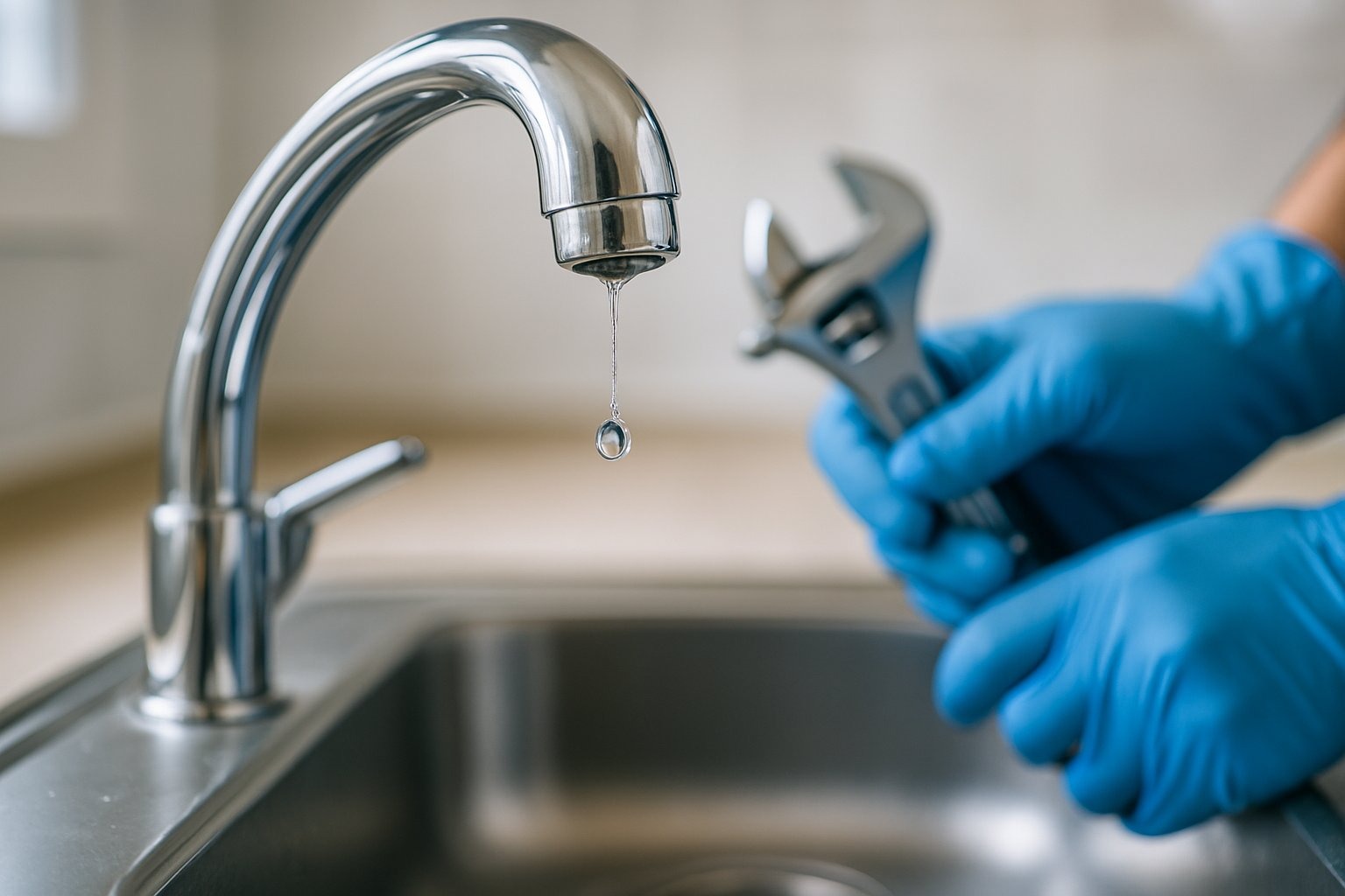 Mãos com luvas azuis consertando uma torneira pingando em uma pia de cozinha.