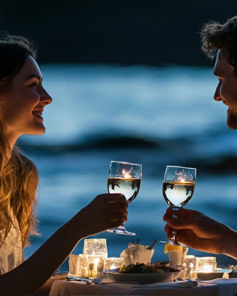 Una pareja sonriente en una cena romántica a la luz de las velas junto al agua por la noche. Están brindando con copas de vino blanco, mirándose con afecto. La luz cálida de las velas ilumina sus rostros y la mesa.