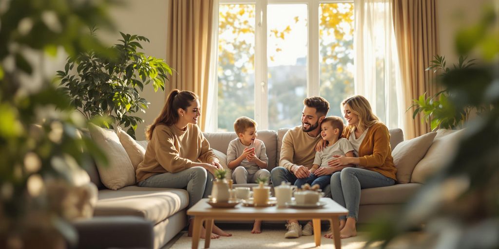 A cozy family home interior with warm lighting.