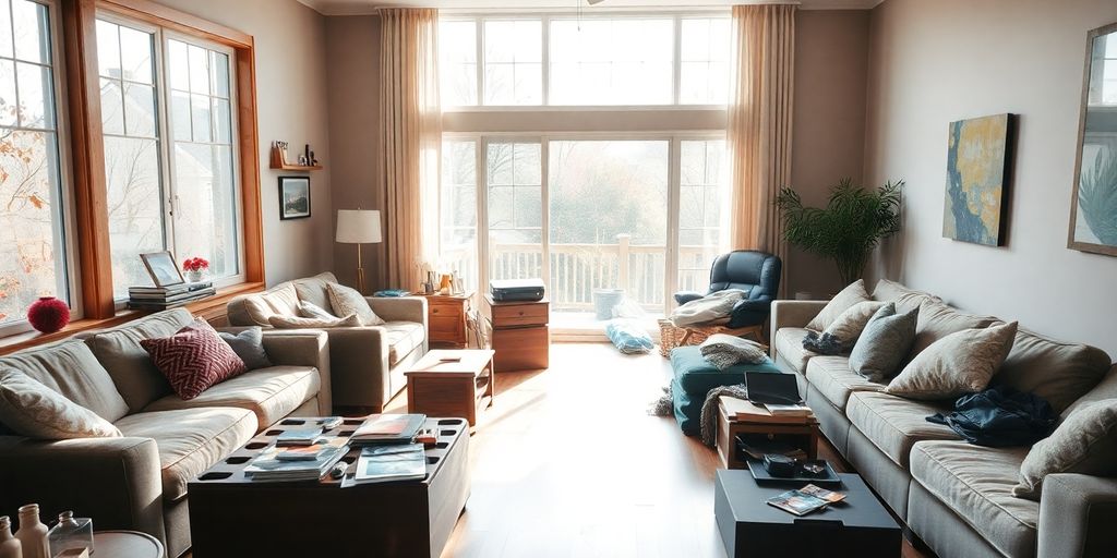Displaced living room furniture in bright natural light.