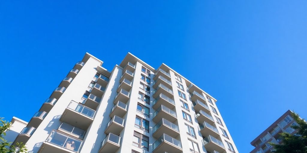 Modern condo building under a clear blue sky.