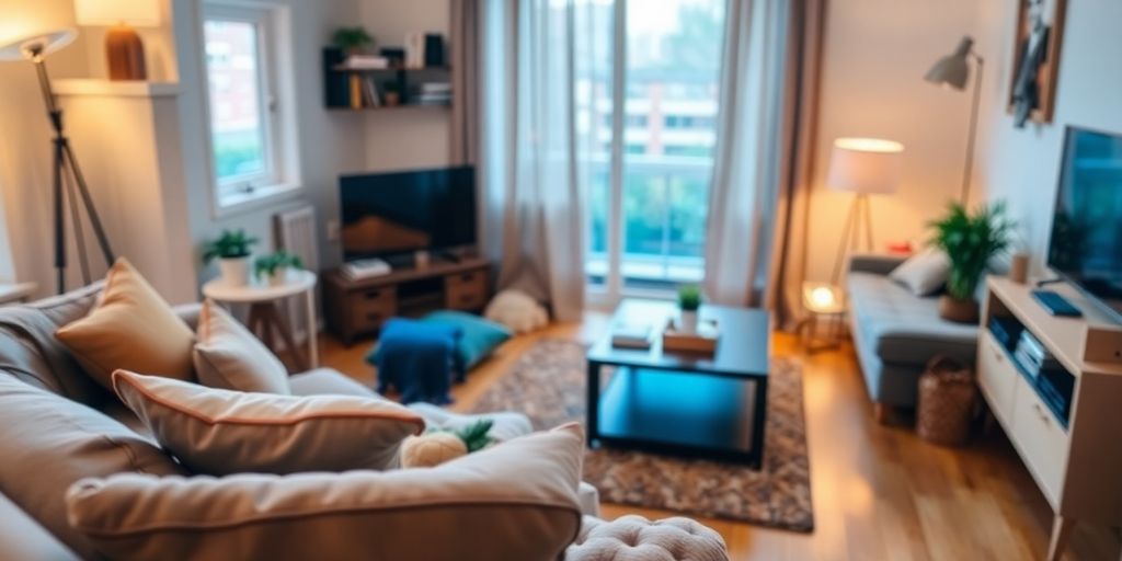 Cozy rental living room with personal belongings and decor.