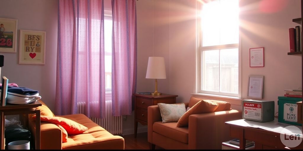 Cozy apartment interior with sunlight and safety items.