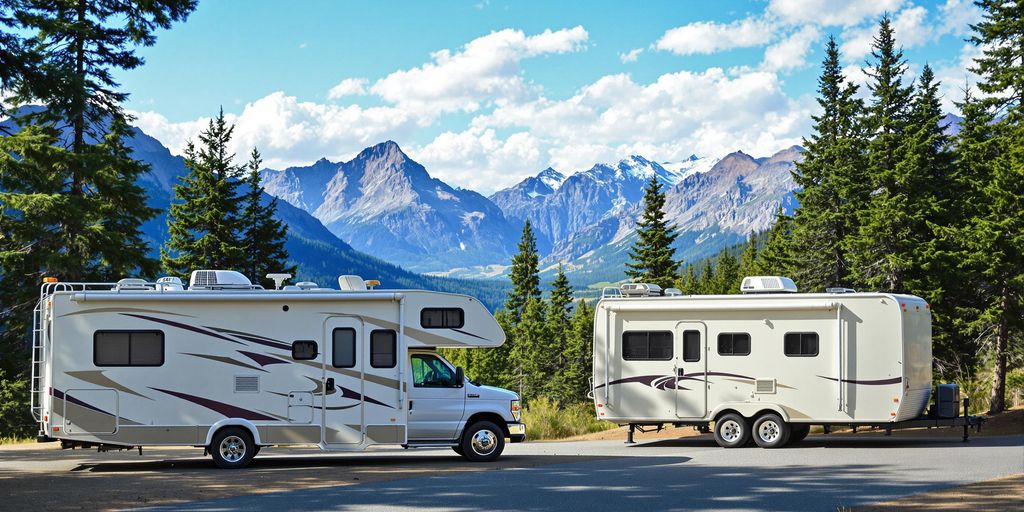 RV and trailer parked in a scenic outdoor landscape.