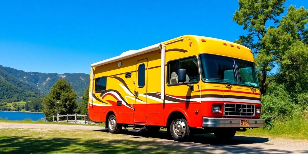 Colorful RV in a scenic outdoor setting.