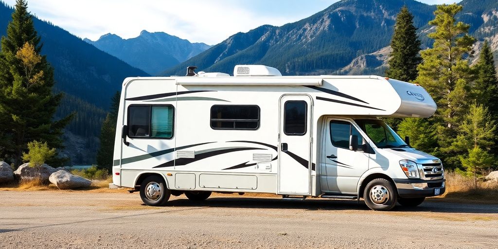 A scenic view of a parked RV in nature.