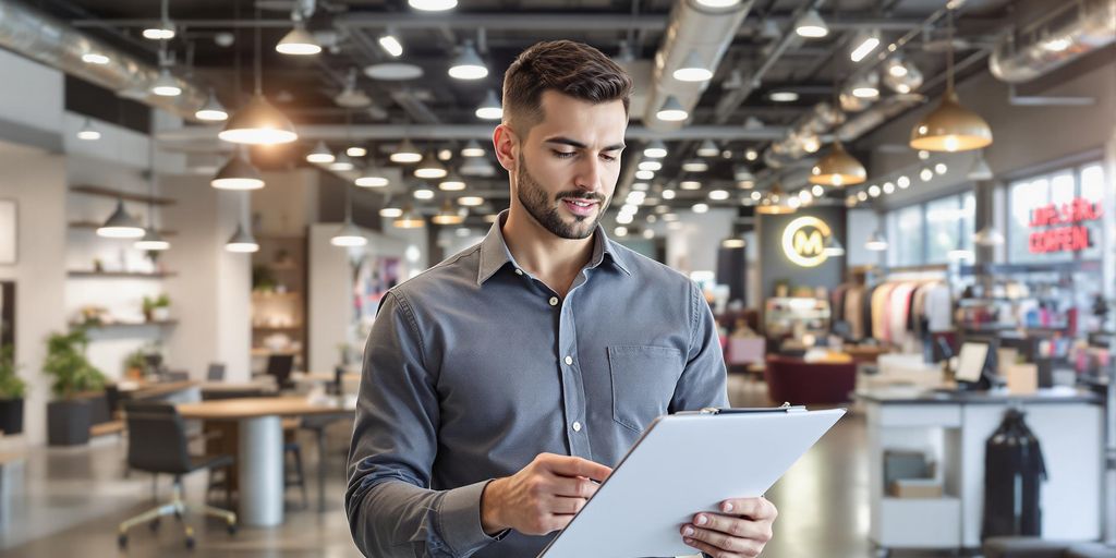 Business owner reviewing insurance options with a clipboard.