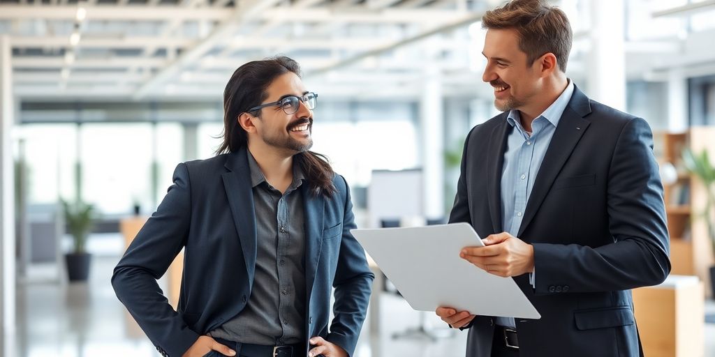 Business owner consulting with insurance advisor in office.