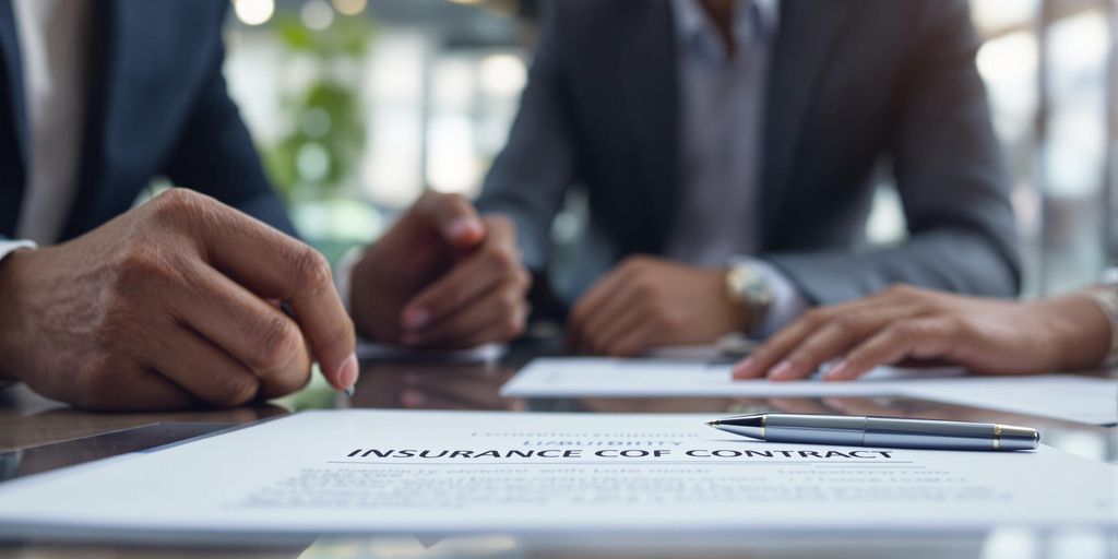 Diverse business people discussing liability insurance in office.