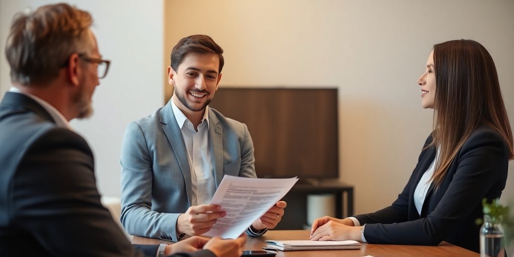 Insurance discussion between agent and client in an office.