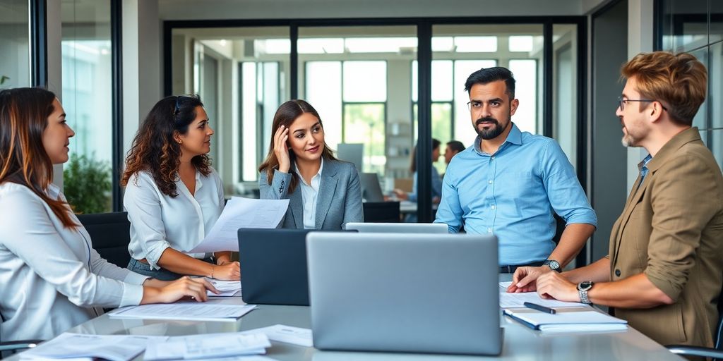 Business team discussing general liability insurance claims.