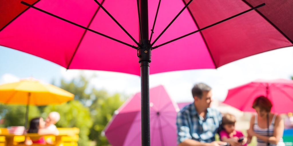 Colorful umbrella in a lively outdoor setting.