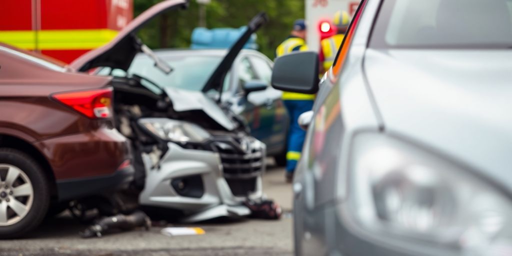 Car accident scene showing damaged vehicles and responders.