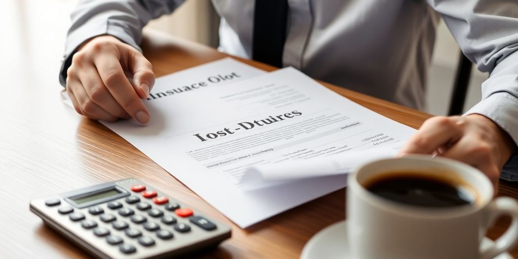 Person analyzing insurance documents with a calculator.