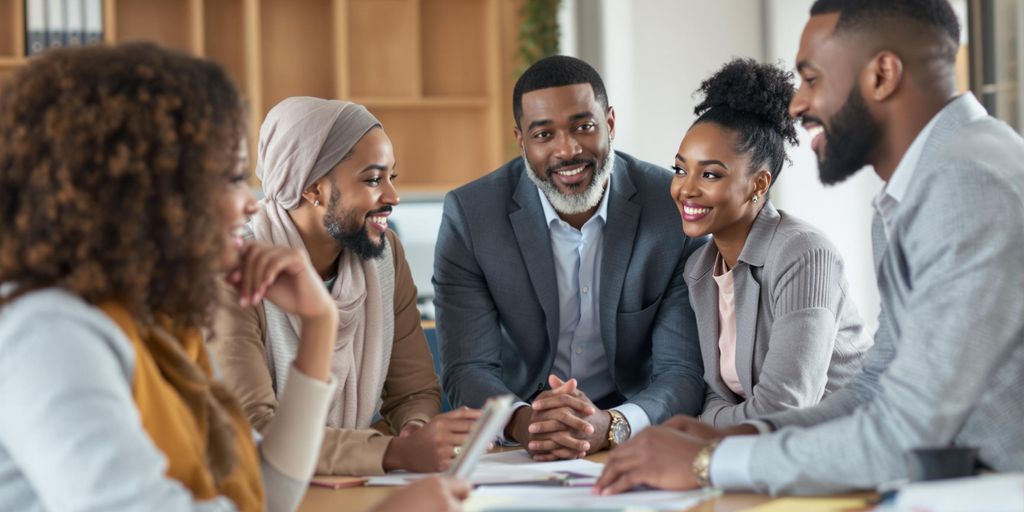 Diverse business owners discussing insurance options in office.